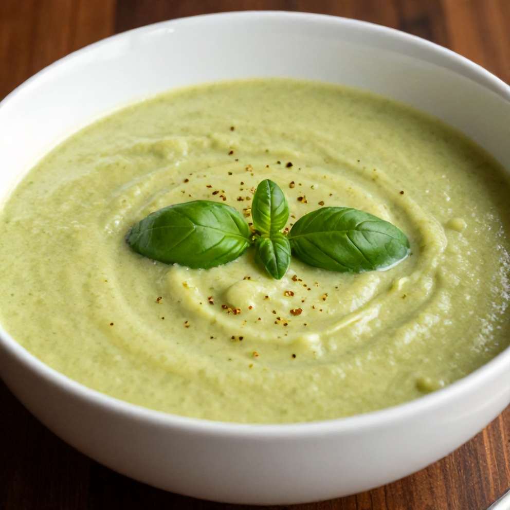 Bowl of Zucchini Basil Soup with a sprinkle of basil
