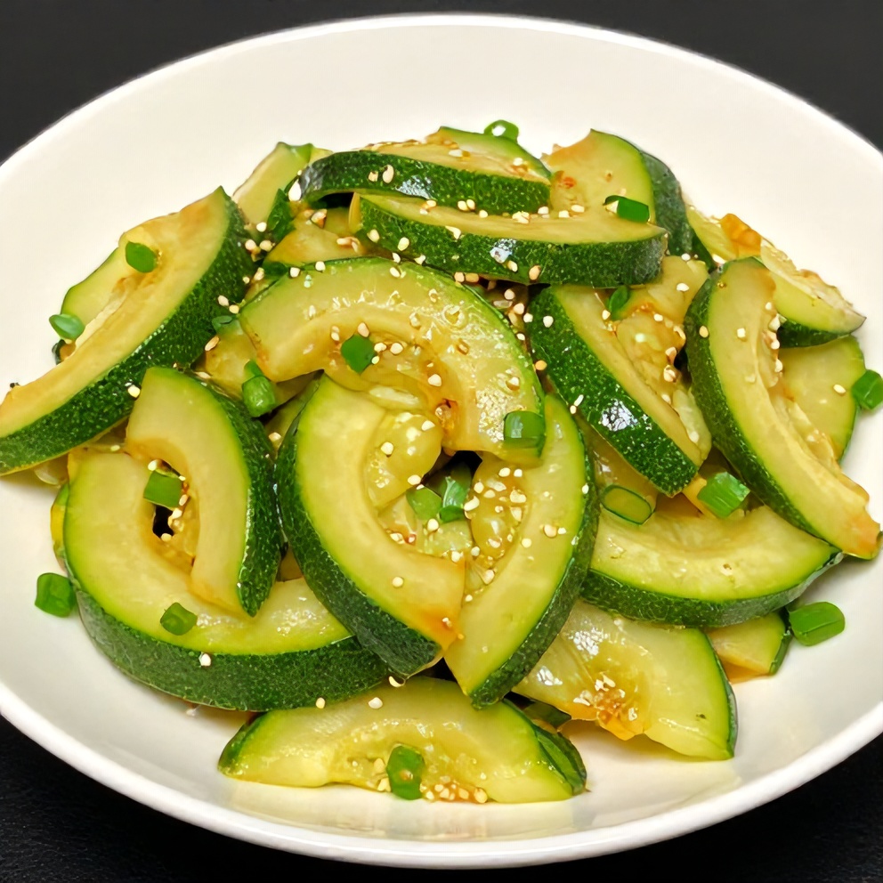 Plated zucchini stir fry with green onions and sesame seeds