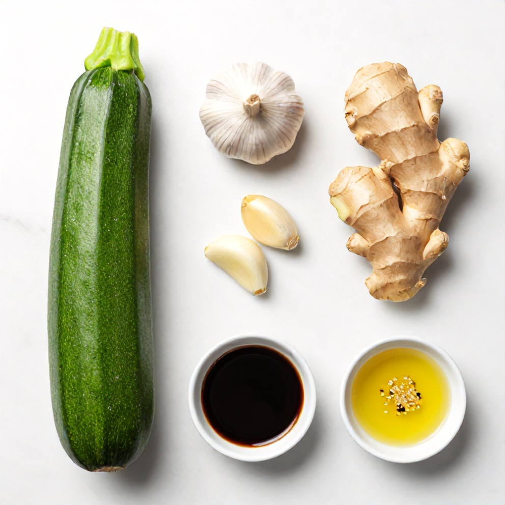Raw zucchini, garlic, ginger, soy sauce, and sesame oil on a white marble surface