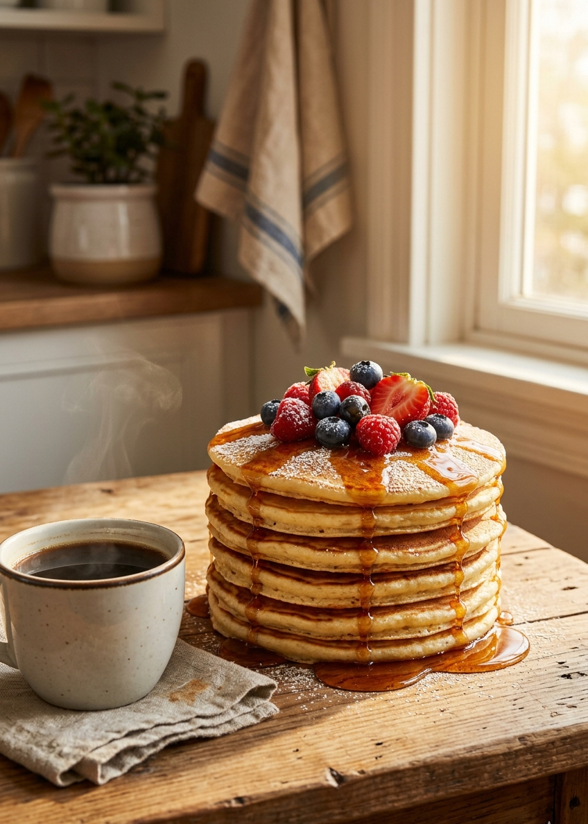 fluffy pancakes stack with fresh berries and maple syrup drizzle
