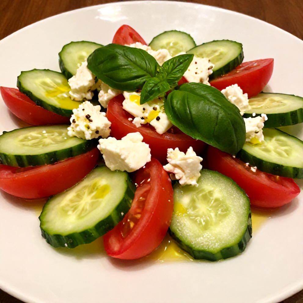 Plated fresh cucumber tomato feta salad with fresh basil and a drizzle of olive oil