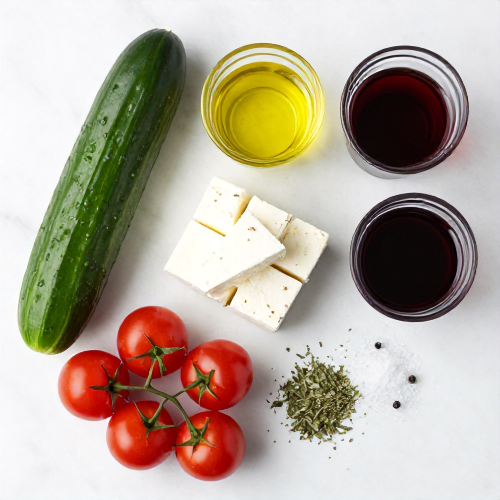 Raw ingredients for fresh cucumber tomato feta salad on a white marble surface