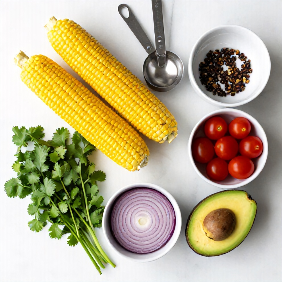 Raw ingredients for Fresh Grilled Corn Avocado Salad