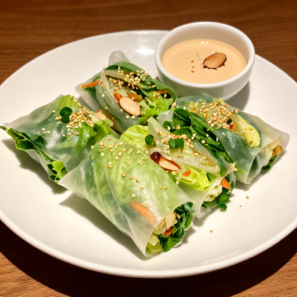 Plated fresh lettuce wrapped veggie spring rolls with almond dip