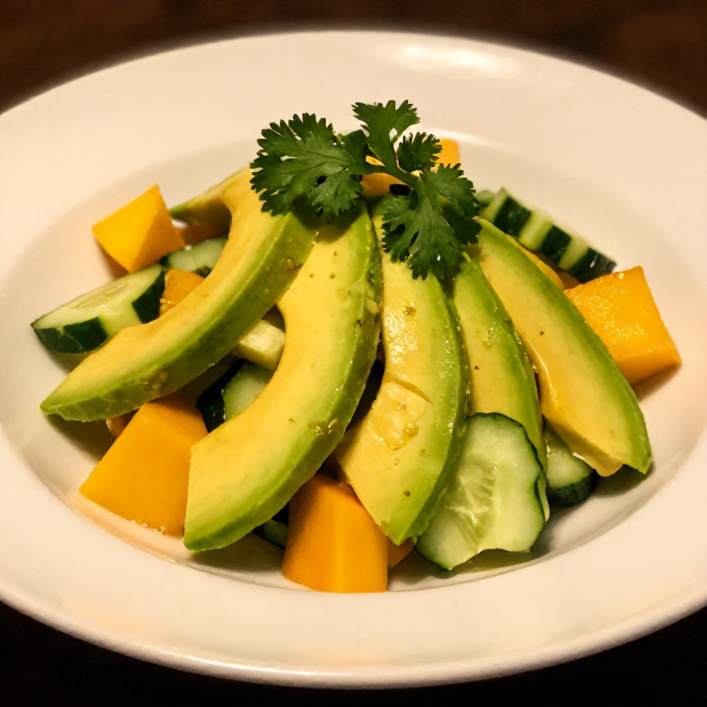 Plated Mango Cucumber Salad with Avocado slices