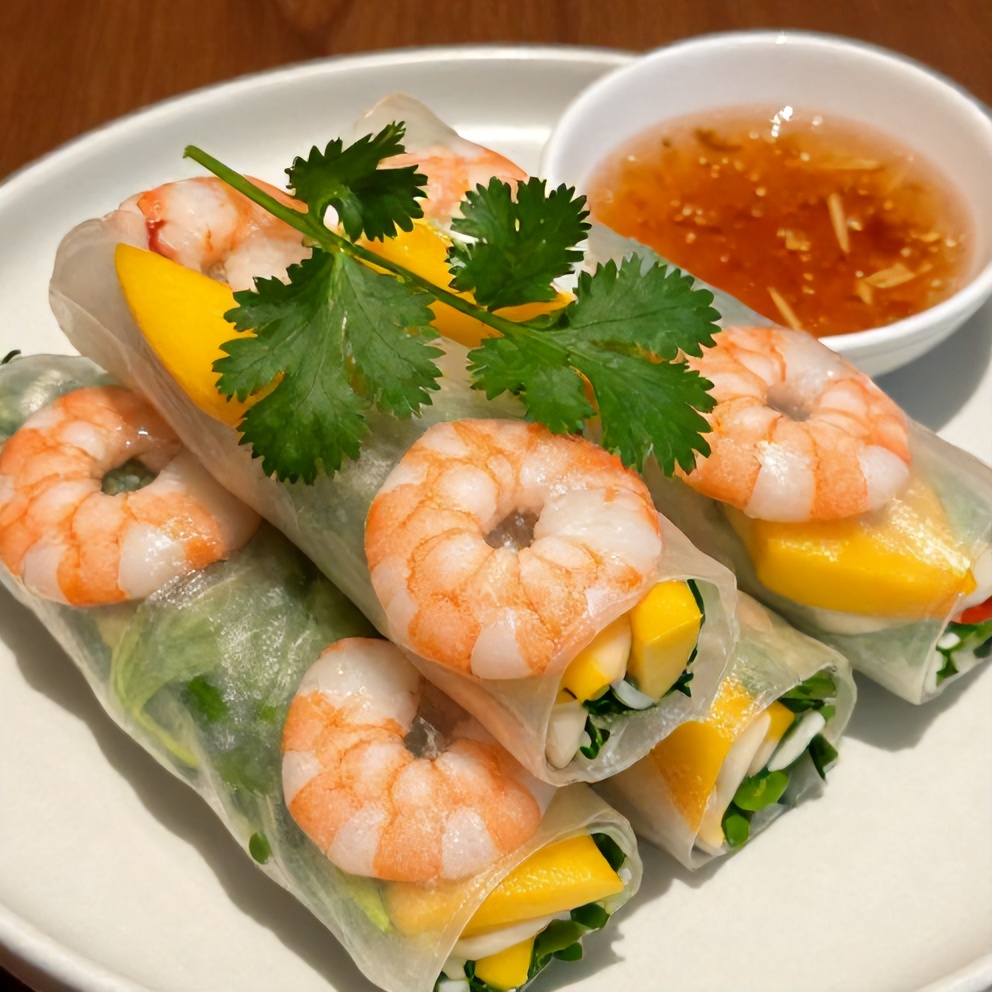 Plated fresh mango shrimp summer rolls with a garnish of fresh cilantro and a side of tangy dipping sauce