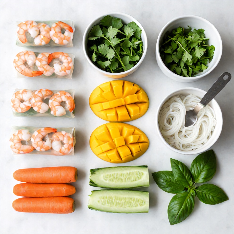Raw ingredients for fresh mango shrimp summer rolls on a white marble surface