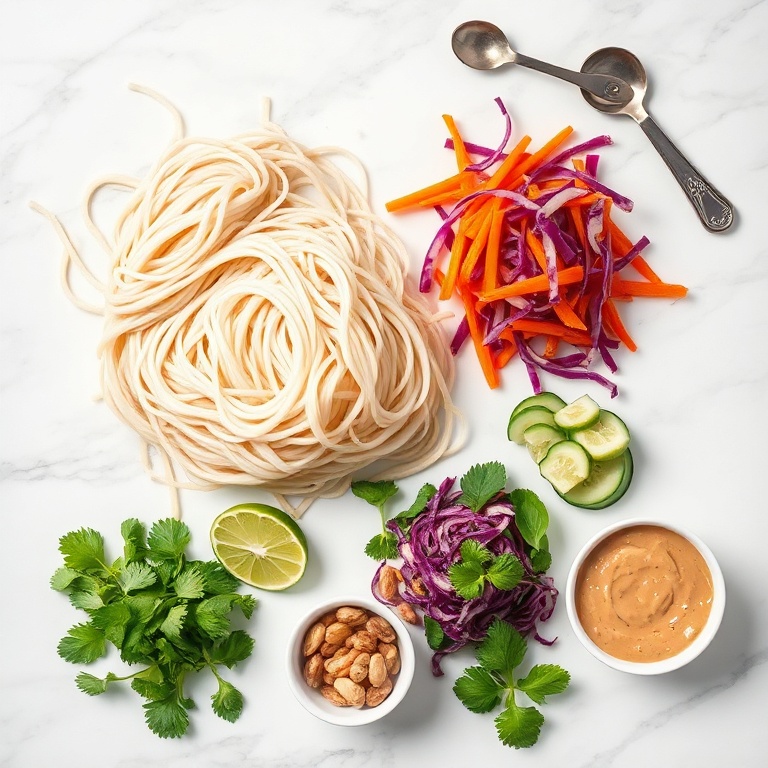 Overhead flat lay of brown rice noodles, shredded carrots, sliced cucumber, red cabbage, fresh mint, cilantro, lime wedges, roasted peanuts, and creamy peanut sauce in small bowls