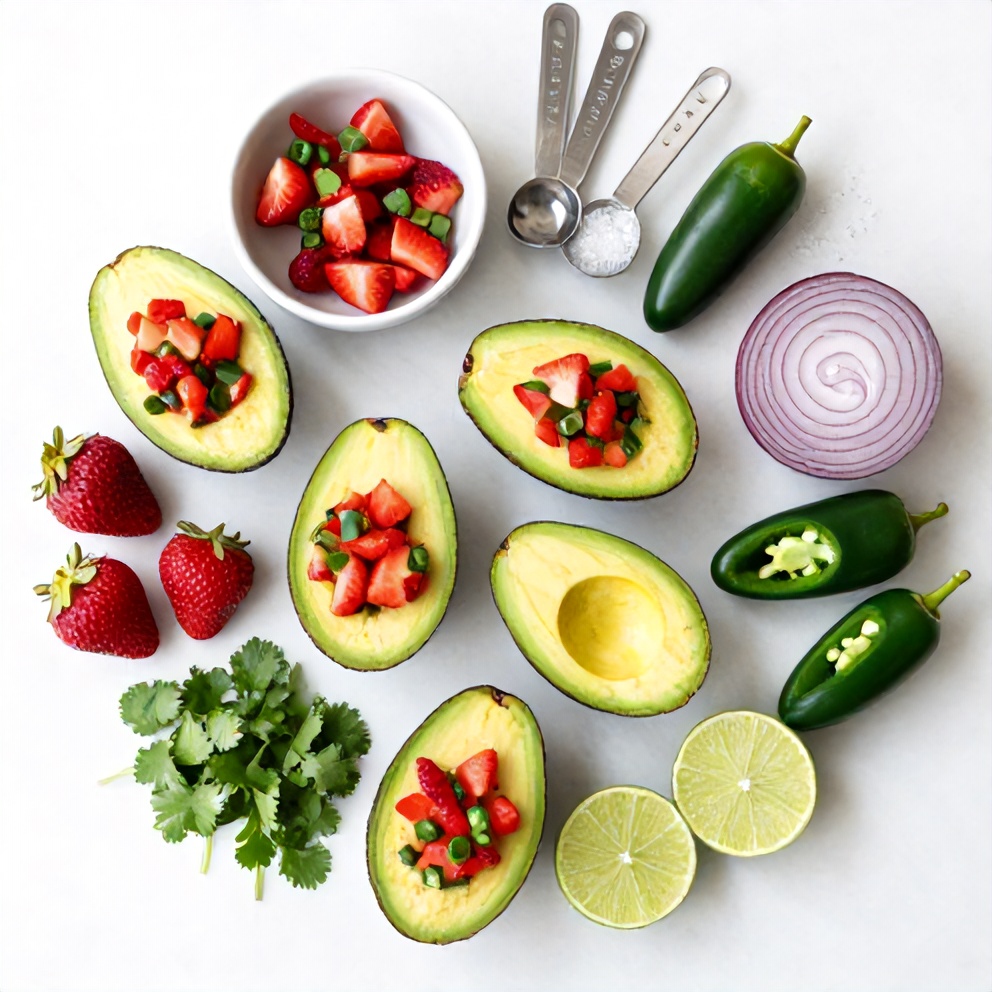 Raw Ingredients for Strawberry Salsa Stuffed Avocados
