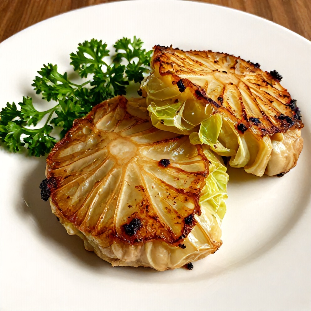 Garlic roasted cabbage steaks plated with fresh parsley