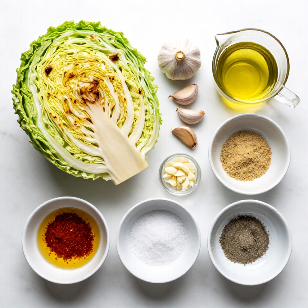 Raw ingredients for garlic roasted cabbage steaks on a white marble surface