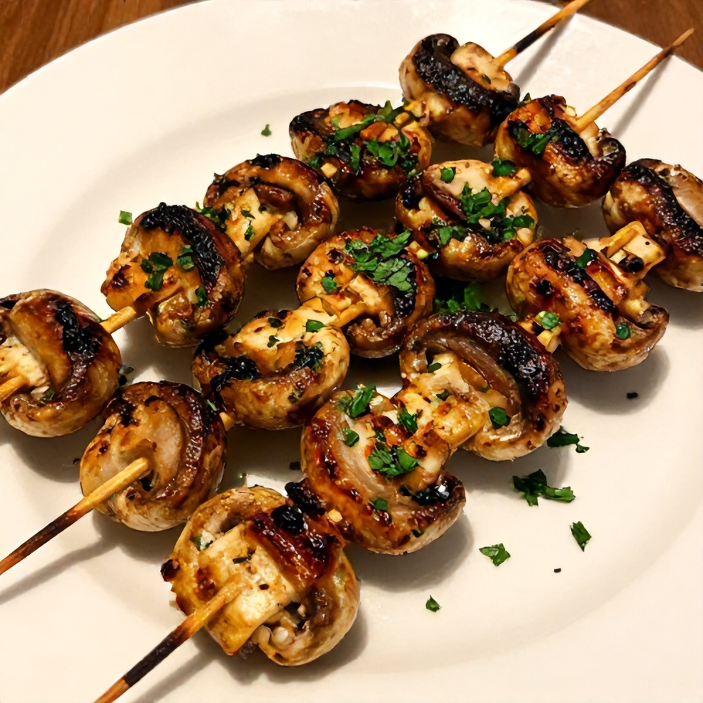 Plated grilled mushroom skewers with fresh parsley