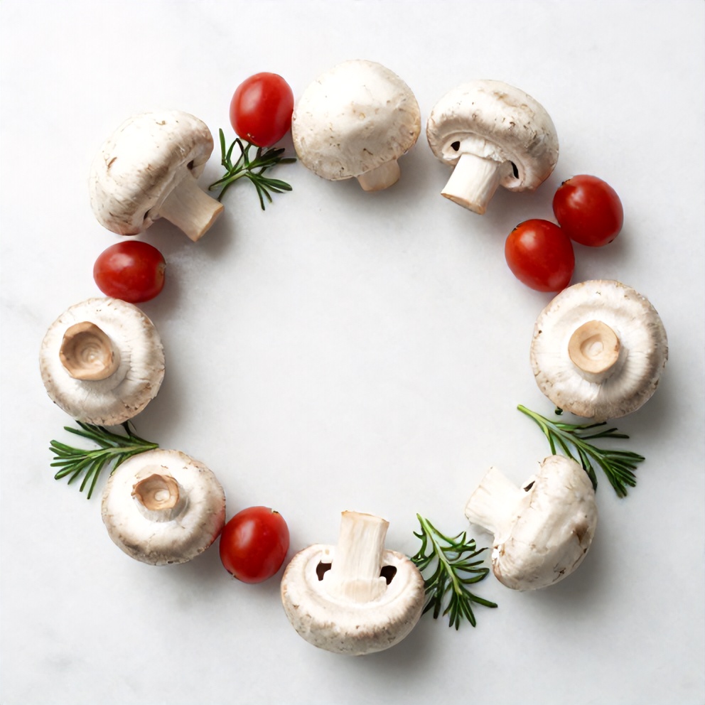 Raw mushrooms, cherry tomatoes, and herbs on a wooden surface