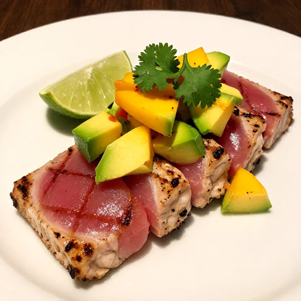 Plated grilled tuna steak with fresh mango avocado salsa