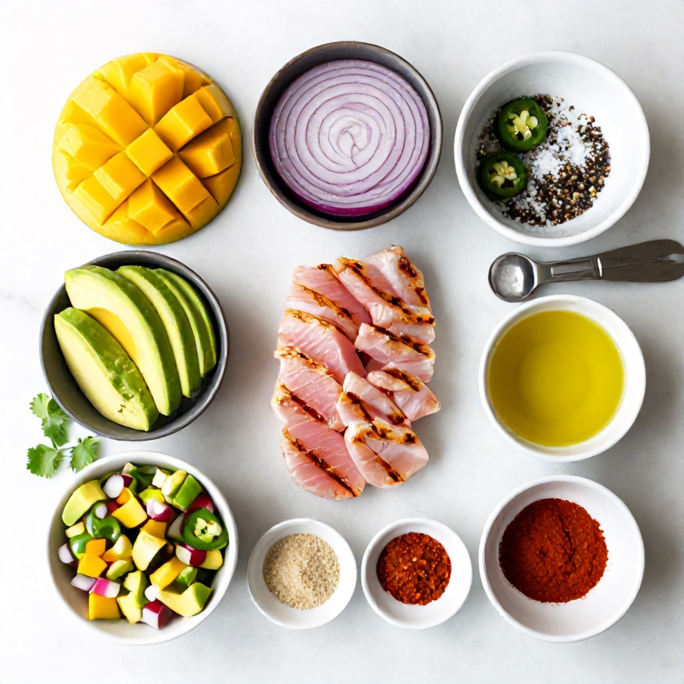 Raw ingredients for grilled tuna steak with mango avocado salsa