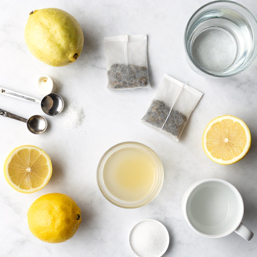 Guava, white tea bags, lemons, sugar, water, ice