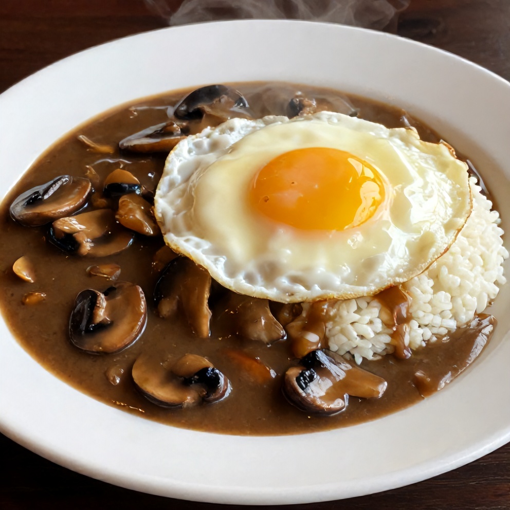 Plated Hawaiian Loco Moco with mushroom gravy and a fried egg