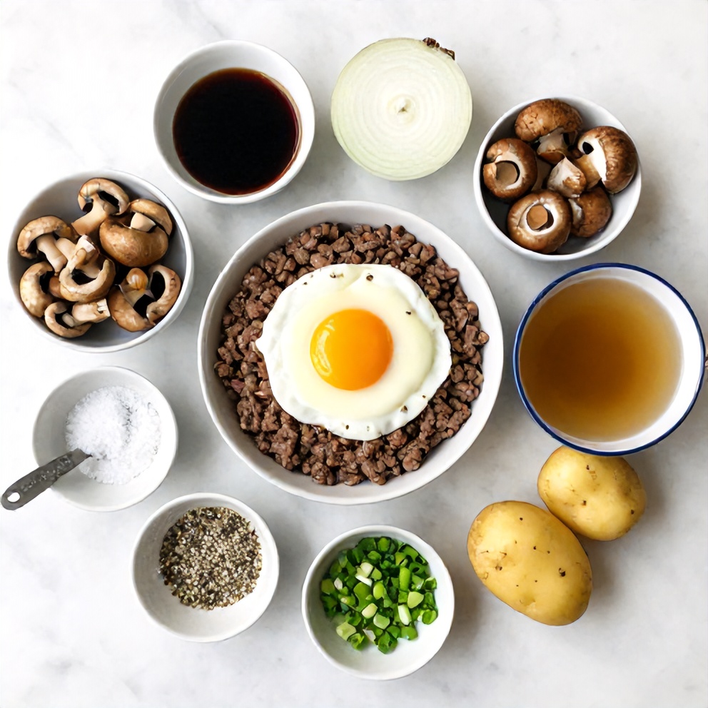 Raw ingredients for Hawaiian Loco Moco on a wooden surface