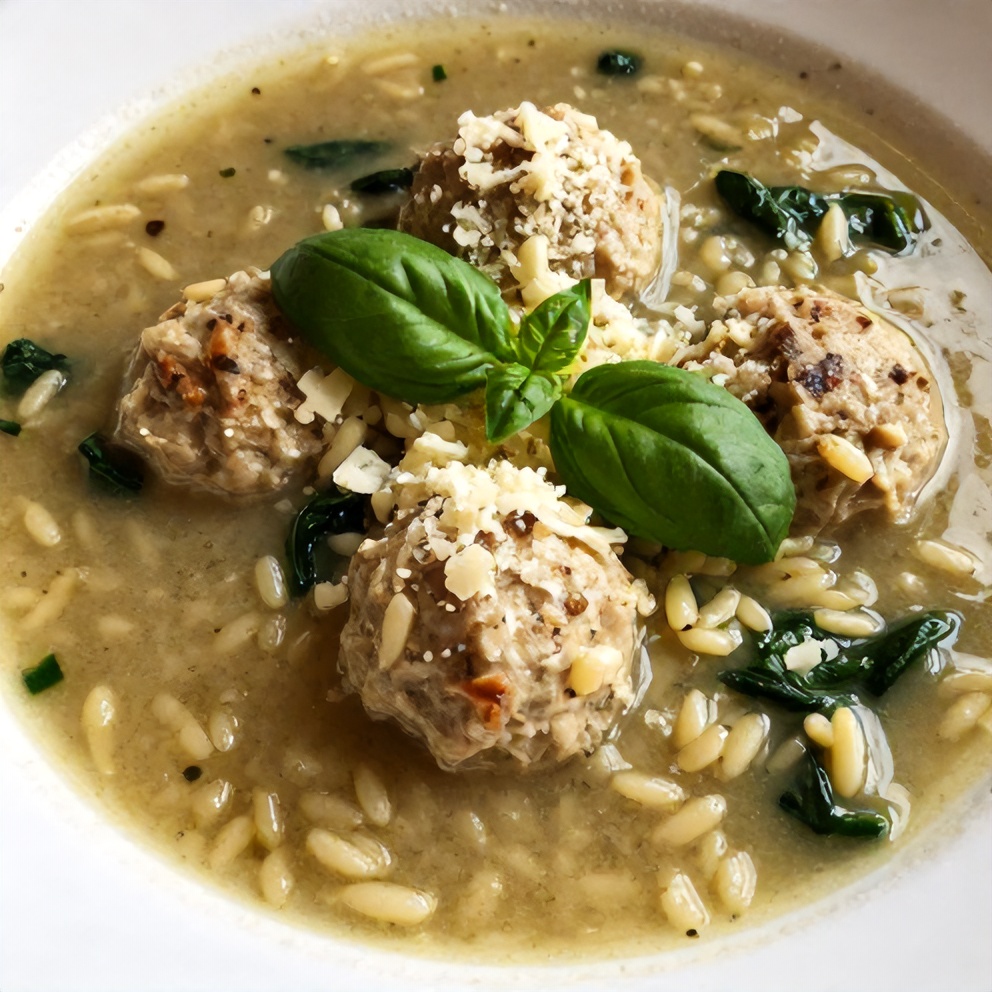 Plated Turkey Meatball Soup with Orzo and Spinach