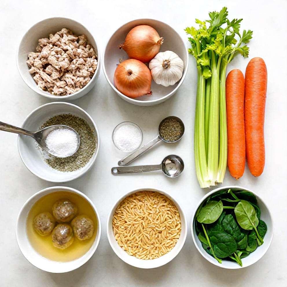 Raw ingredients for Turkey Meatball Soup with Orzo and Spinach