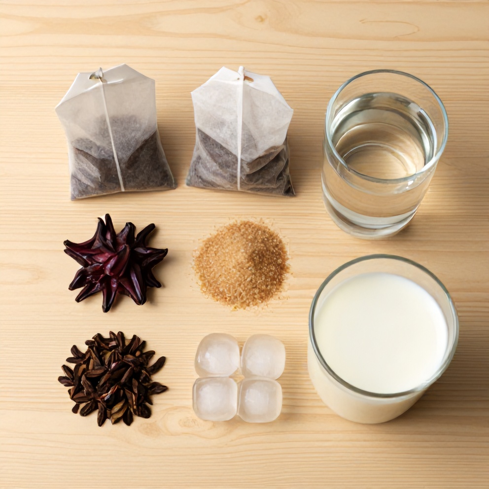 Hibiscus tea, cardamom pods, sugar, water, milk, and ice arranged on a wooden surface