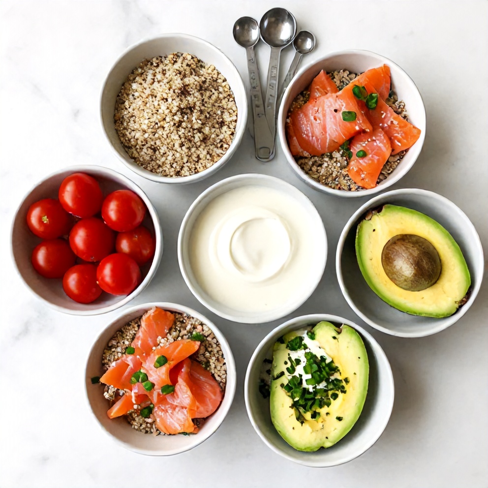 Raw ingredients for high protein smoked salmon quinoa breakfast bowls