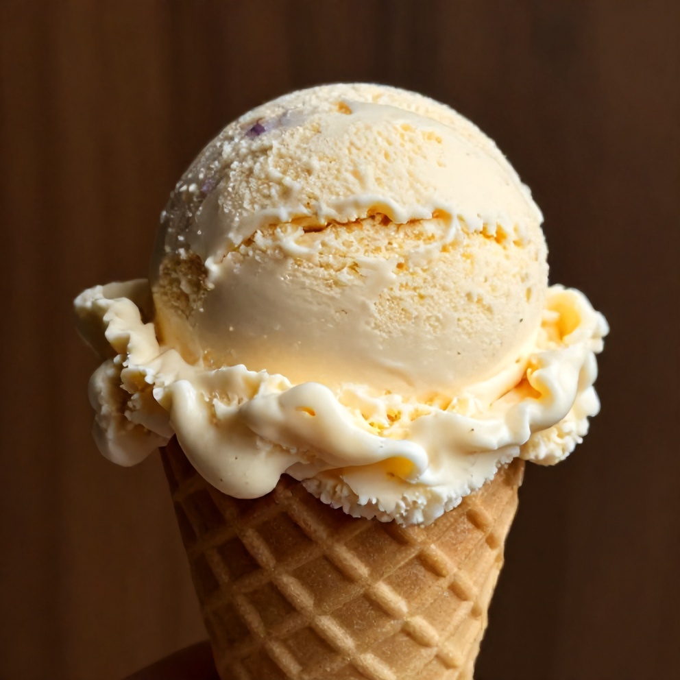Scoop of honey lavender ice cream on a cone