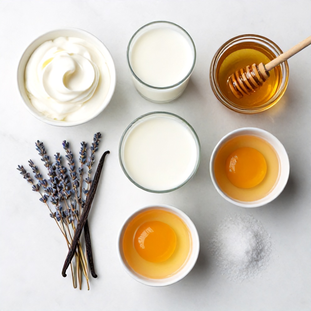 Raw ingredients for honey lavender ice cream on a marble surface