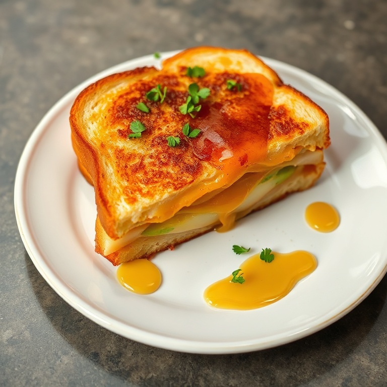 plated hot honey apple cheddar grilled cheese with honey drizzle and microgreens garnish on white ceramic plate