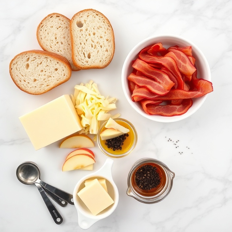 sliced cheddar cheese, Granny Smith apple, beef bacon strips, sourdough bread, hot honey, butter, and cheddar cheese shreds