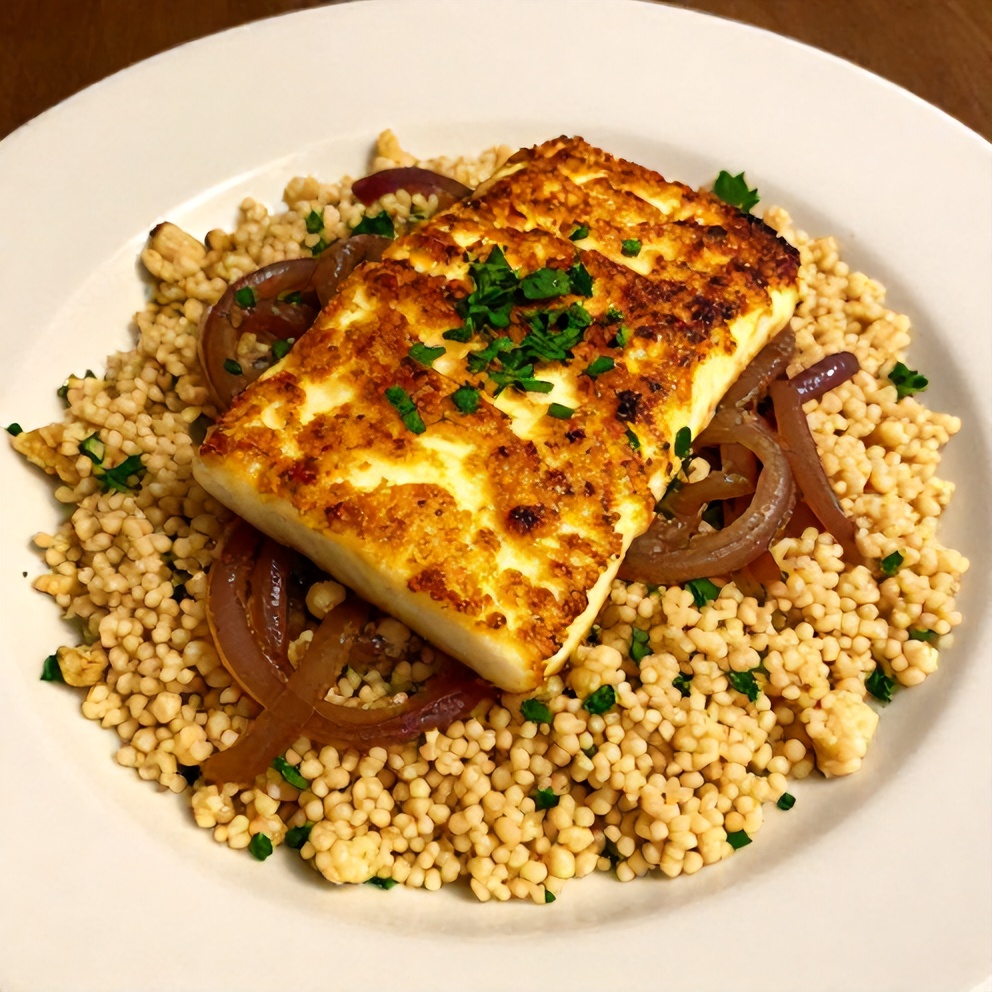 Plated serving of Hot Honey Halloumi Couscous Salad