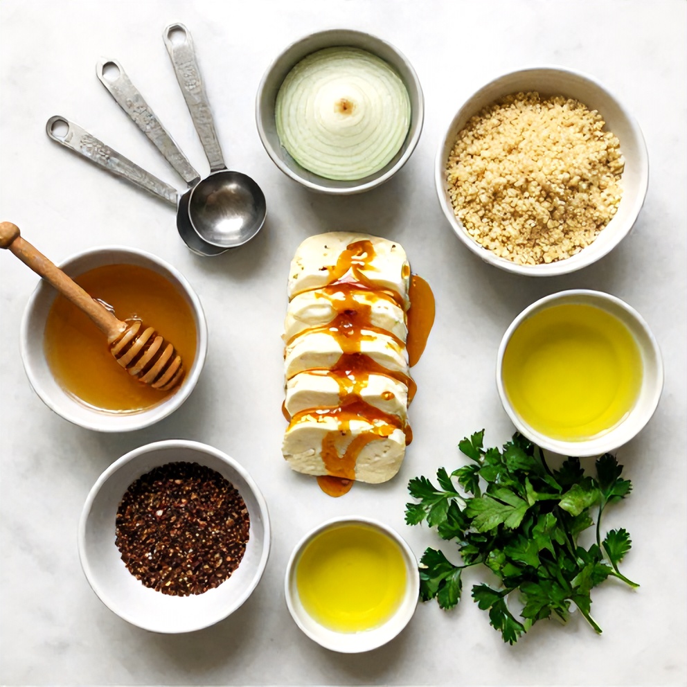 Raw ingredients for Hot Honey Halloumi Couscous Salad