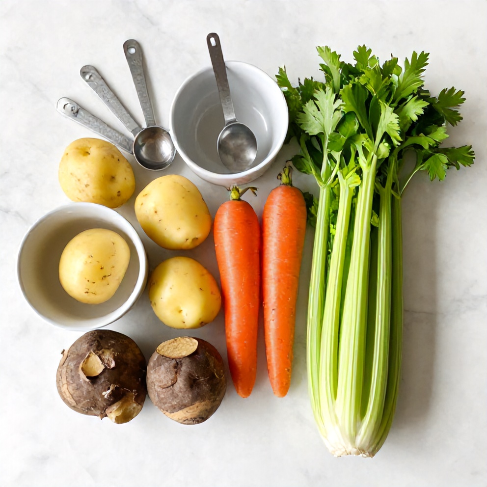 Ingredients for Irish Vegetarian Stew on a marble counter