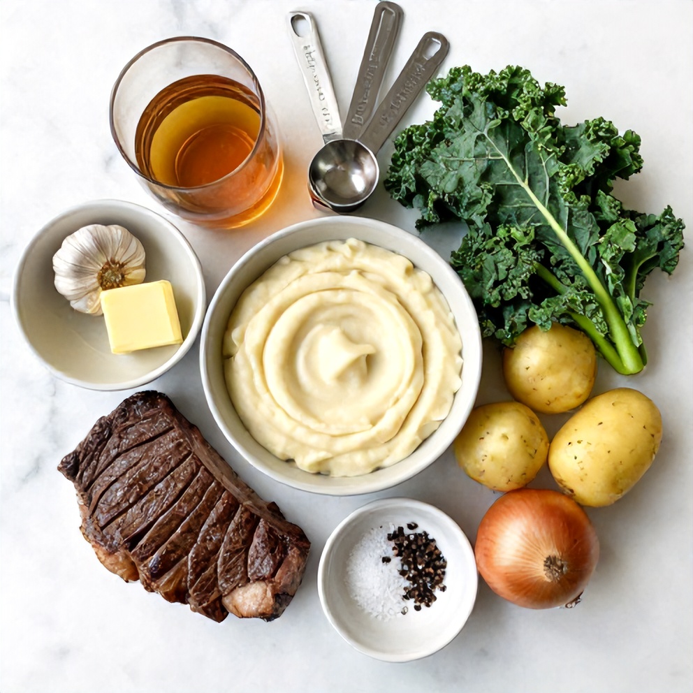 Raw Ingredients for Irish Whiskey Steak with Creamy Colcannon Mash