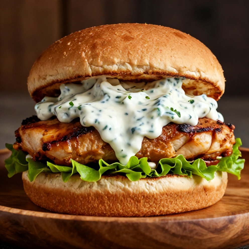 Plated Greek chicken burger with tzatziki sauce on a rustic plate