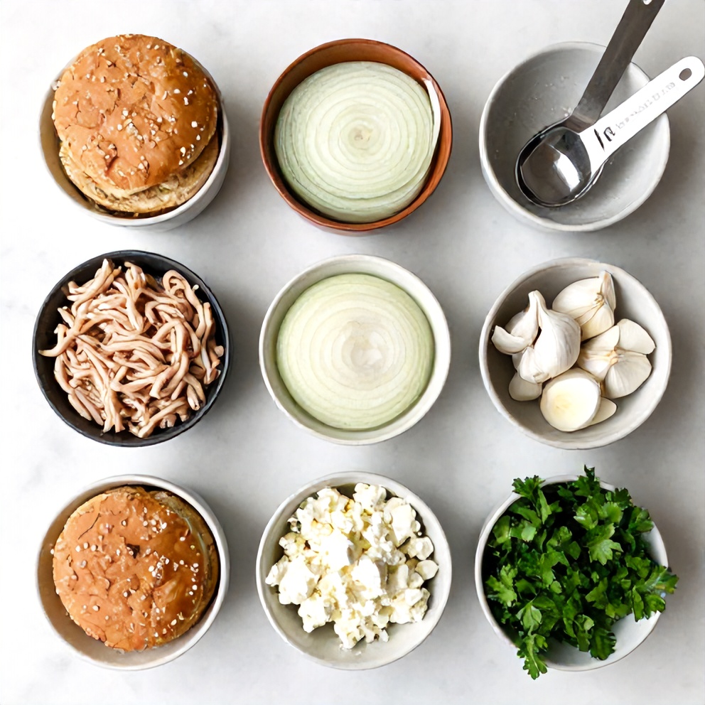 Raw ingredients for Greek chicken burgers laid out on a wooden surface