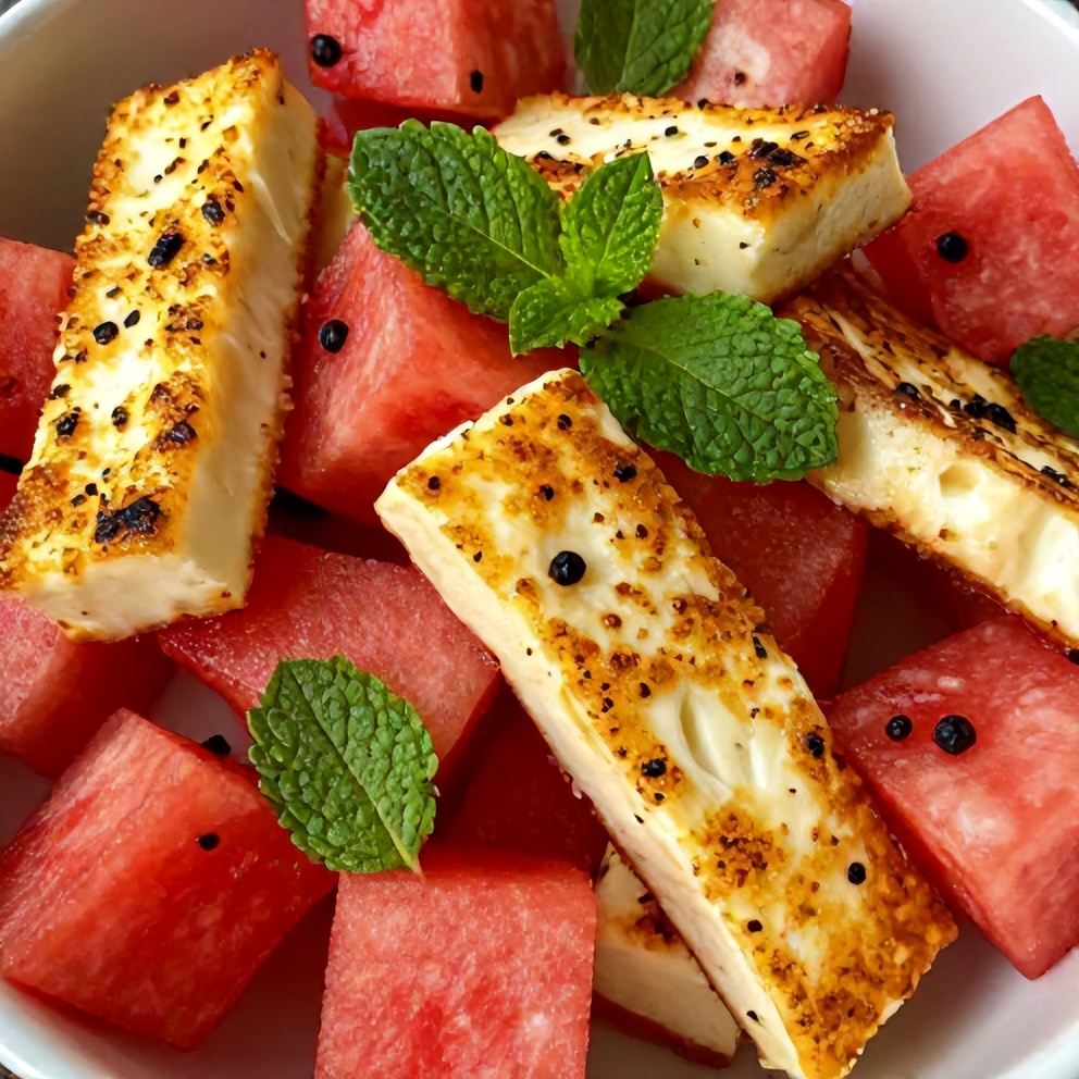 Plated Keto Halloumi Watermelon Salad with fresh mint
