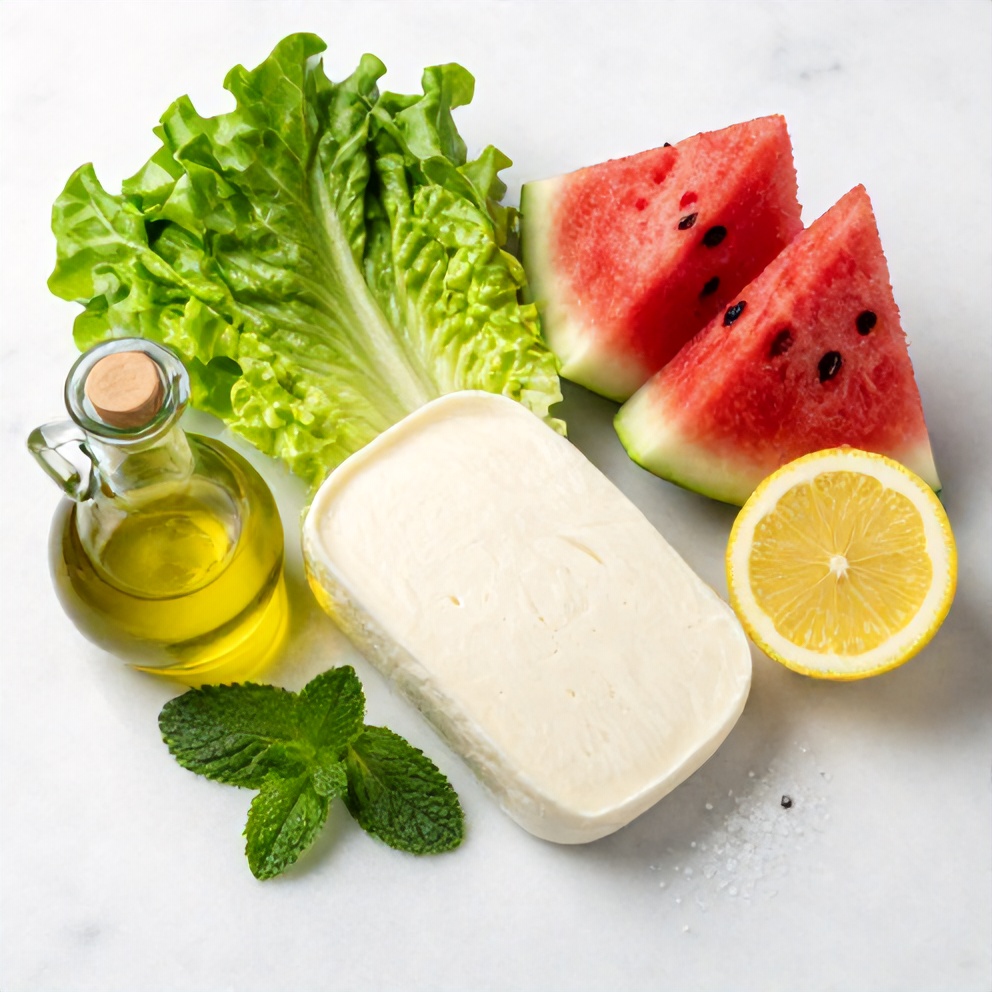 Halloumi, watermelon, and salad ingredients on a marble surface