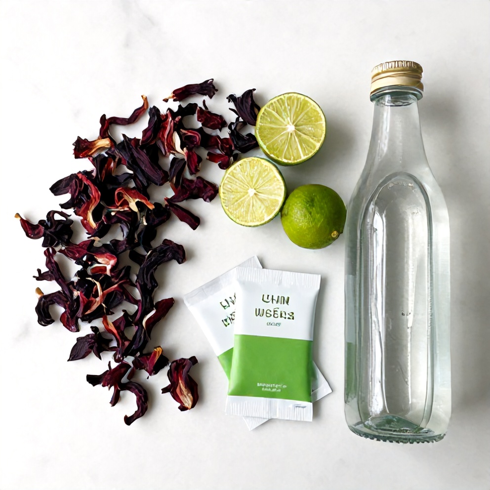 Hibiscus flowers, lime, stevia, and sparkling water arranged on a white marble surface