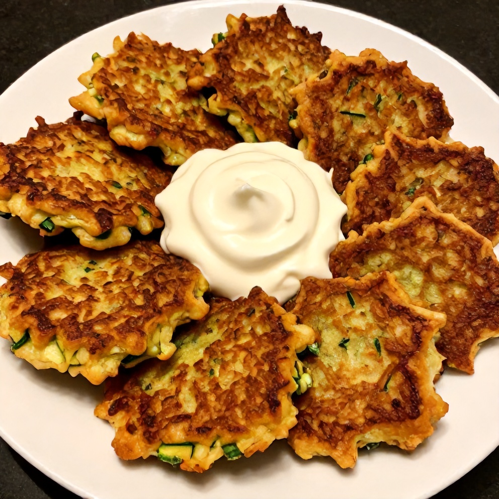Plated keto zucchini parmesan fritters with sour cream dip