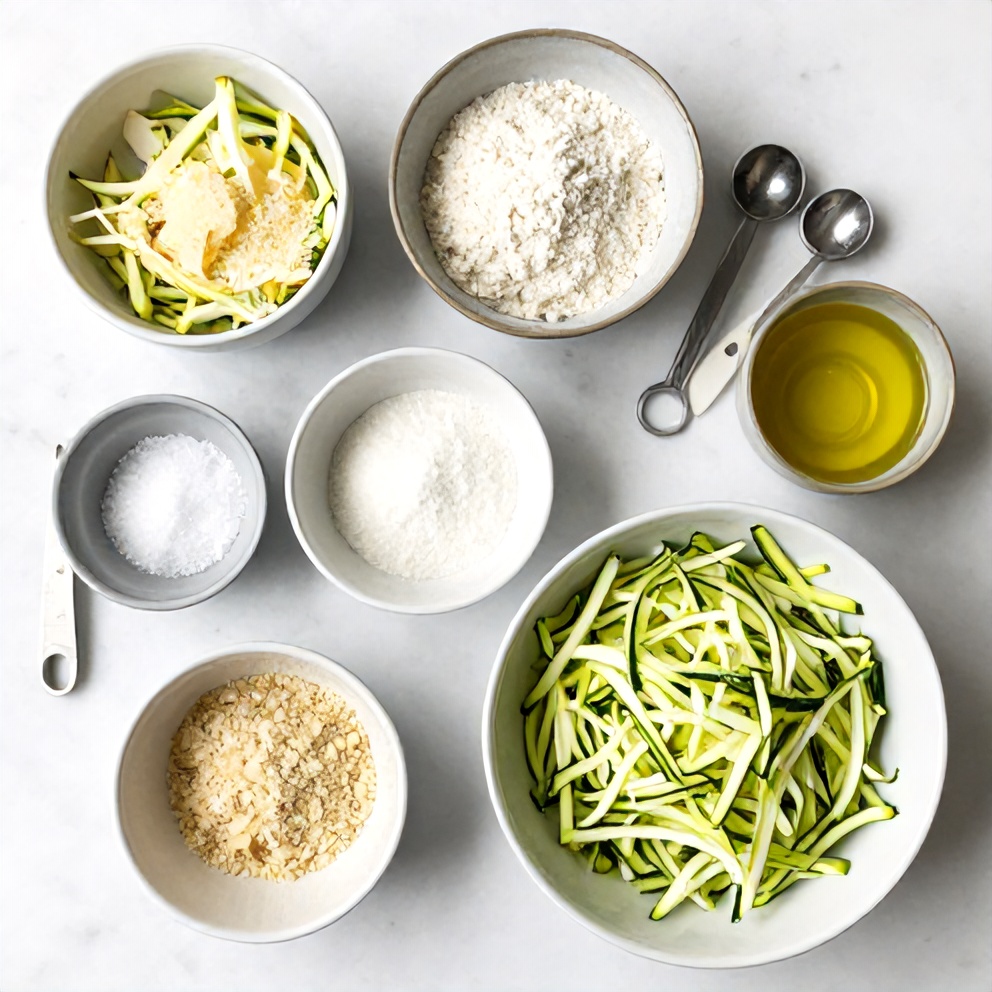Raw ingredients for keto zucchini parmesan fritters on a marble surface