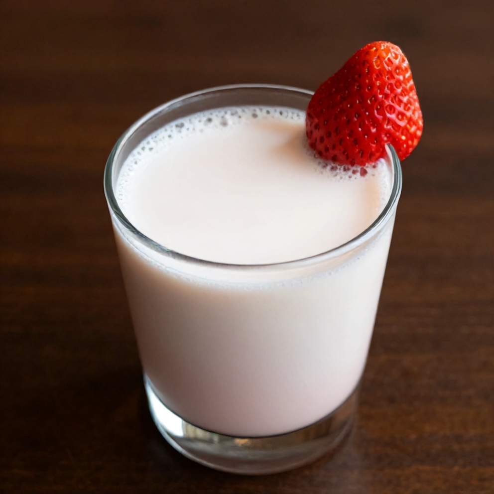 Glass of Korean Strawberry Milk with a strawberry garnish