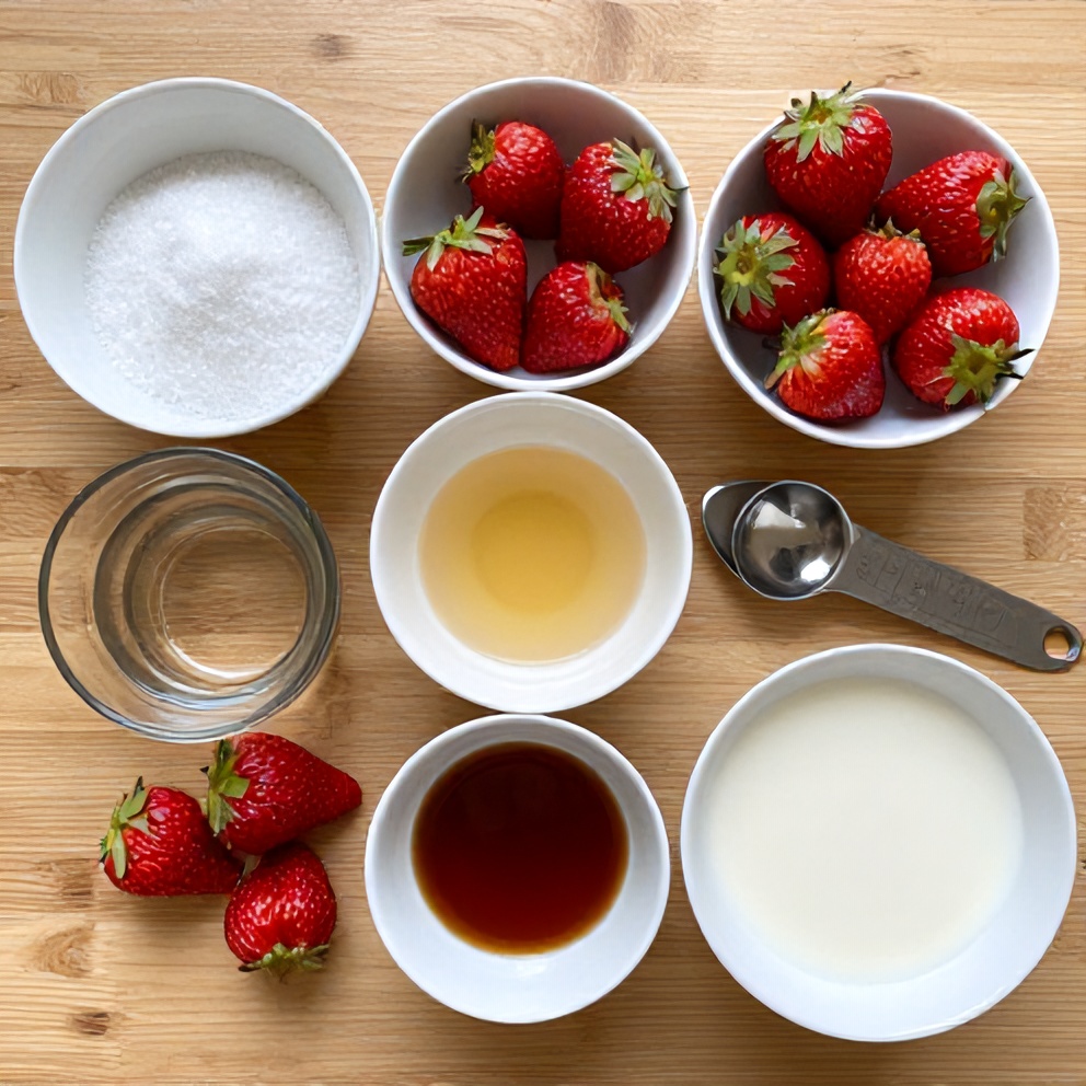 Raw ingredients for Korean Strawberry Milk on a wooden surface
