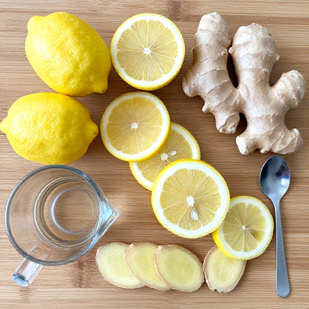 Lemon, ginger, honey, and water on a wooden surface