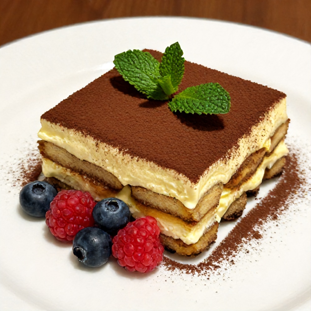 Plated Lemon Tiramisu with fresh berries and mint
