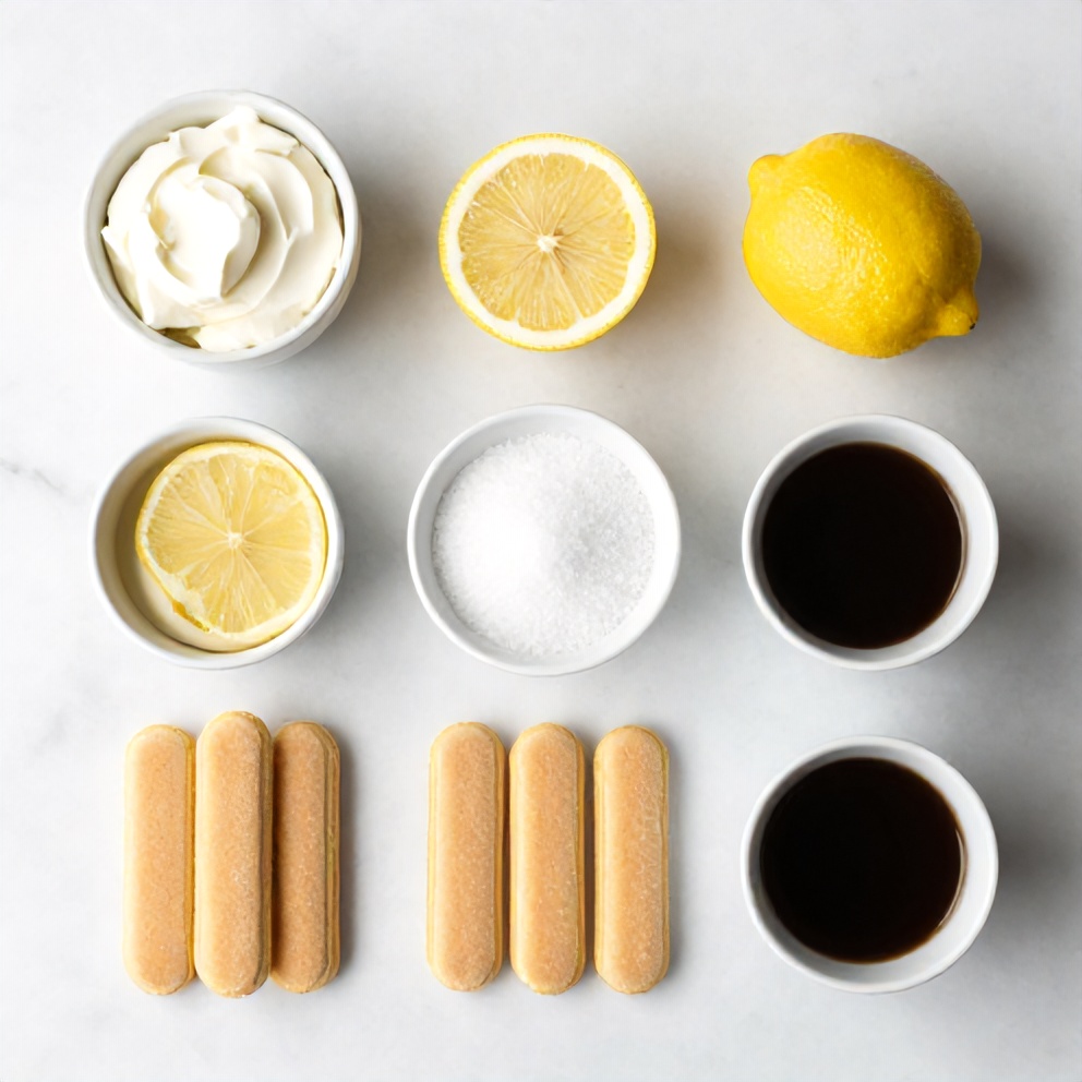 Lemon Tiramisu ingredients: ladyfingers, mascarpone, lemon, sugar, coffee, rum