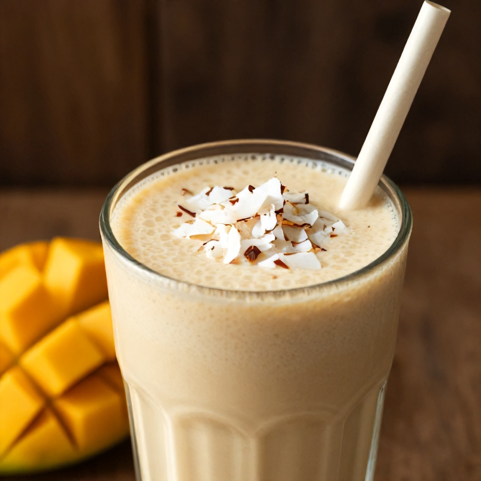 Mango Coconut Protein Shake poured into a glass with a straw