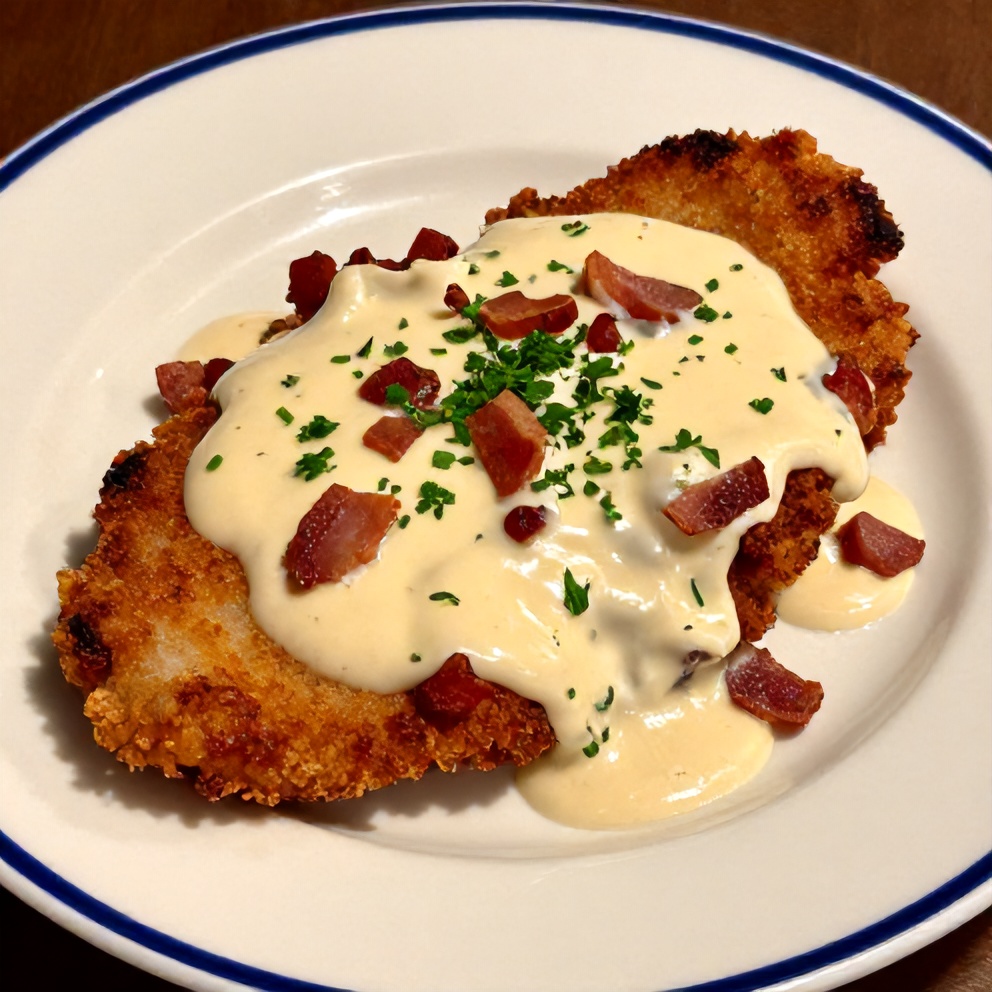 Plated maple bacon pork chops with creamy Dijon sauce
