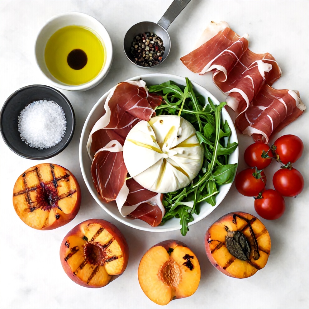 Raw Ingredients for Mediterranean Grilled Peach Salad
