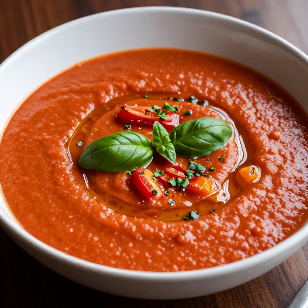 Bowl of Mediterranean Tomato and Roasted Pepper Soup with a drizzle of olive oil